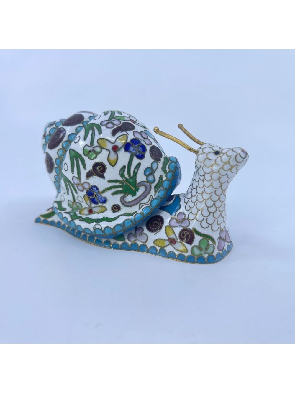 vintage chinese cloisonné enamel snail figurine with floral design